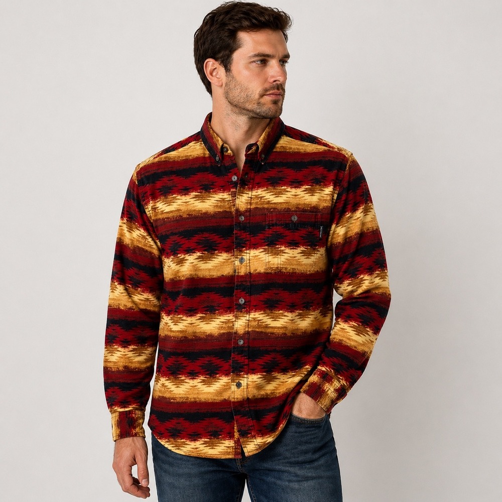 Woolrich Mens XL Aztec Southwestern Flannel Shirt Red Tan Black Button Down